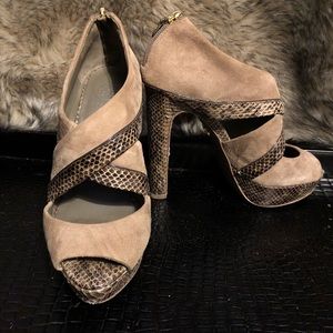Tory Burch Taupe python and suede platform heels